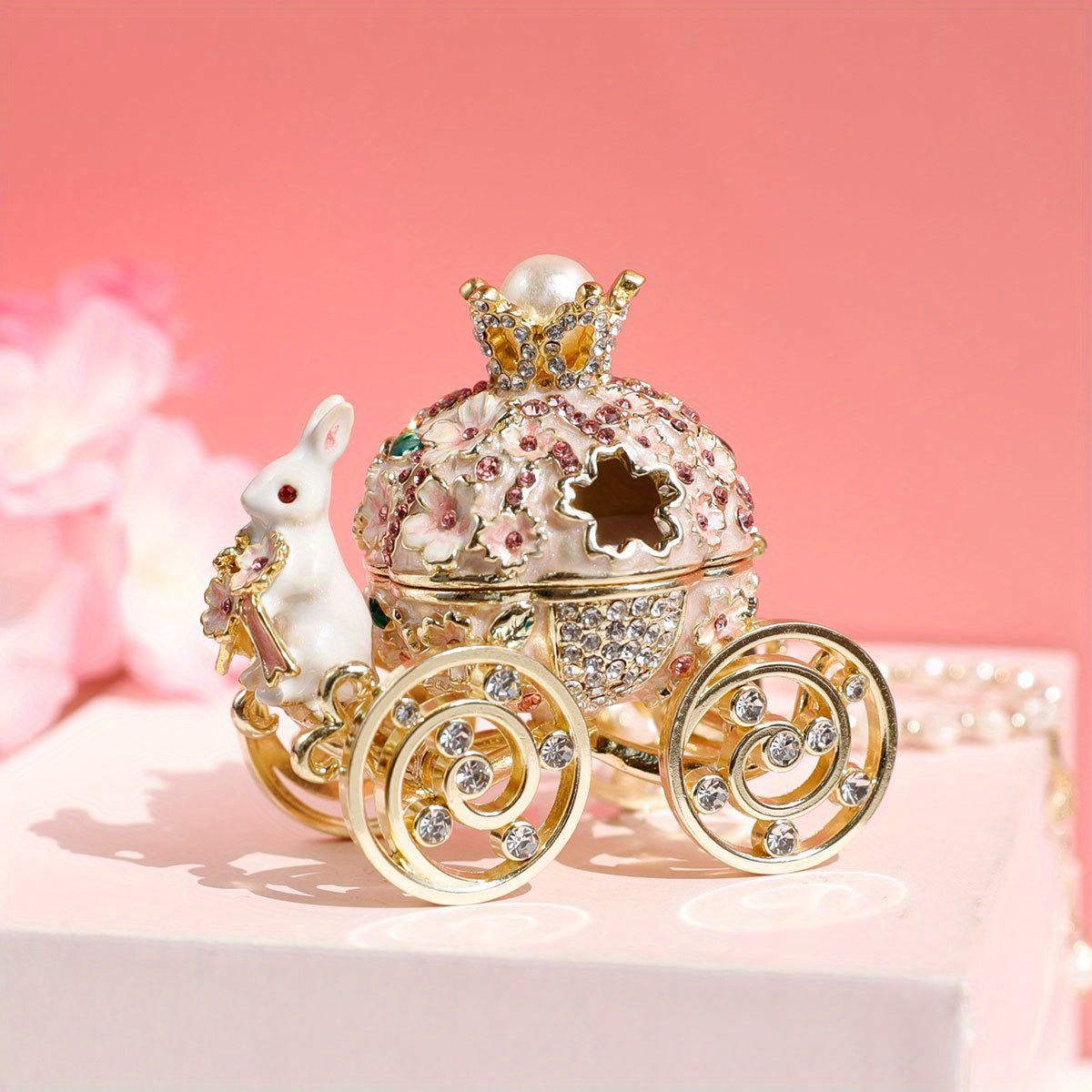 Pink Cherry Blossom Rabbit Jewelry Box Enamel Alloy with Magnetic Closure and Crystal Ring Holder
