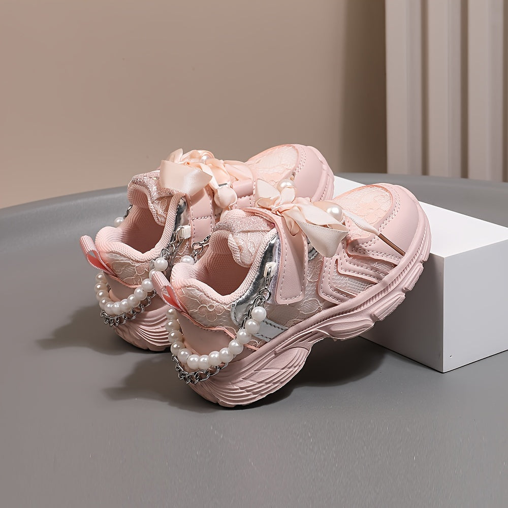 Girls Casual Pearl Chain Low Top Sneakers for Spring and Fall Non-Slip Sport Shoes