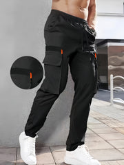 Men's Casual Cargo Pants Polyester Elastic Waist Multi-Pocket Regular Fit for Spring Fall