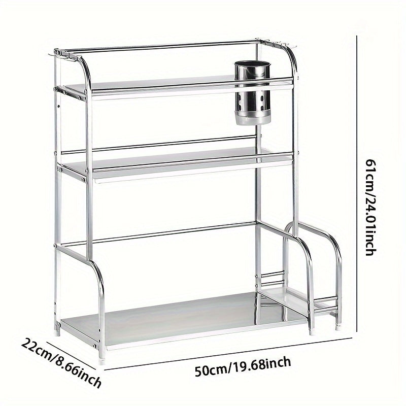 Stainless Steel Kitchen Storage Rack with Hooks, Multi-Layer Floor-to-Ceiling Organizer