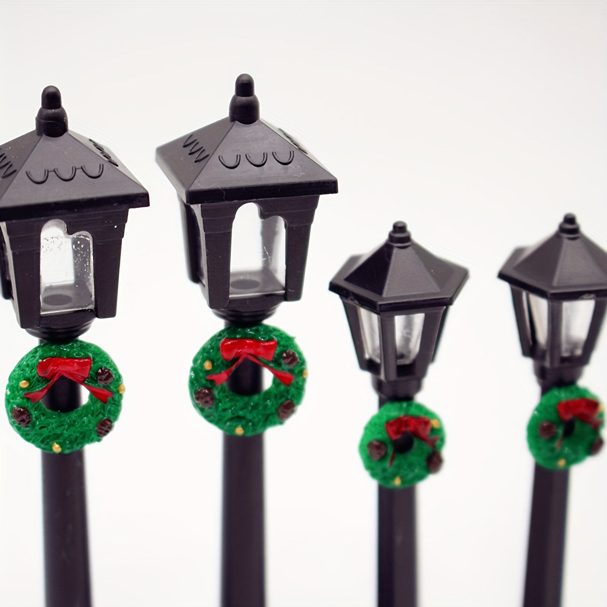 Miniature Christmas Lamp Posts with Wreaths Set of 3 Plastic Seasonal Figurines No Electricity