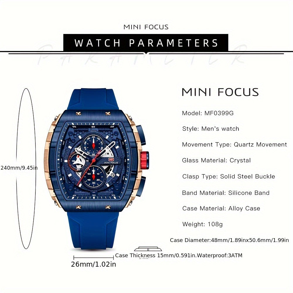 Reloj de cuarzo para hombre con correa de silicona, forma tonneau, puntero, deportivo, con pantalla luminosa