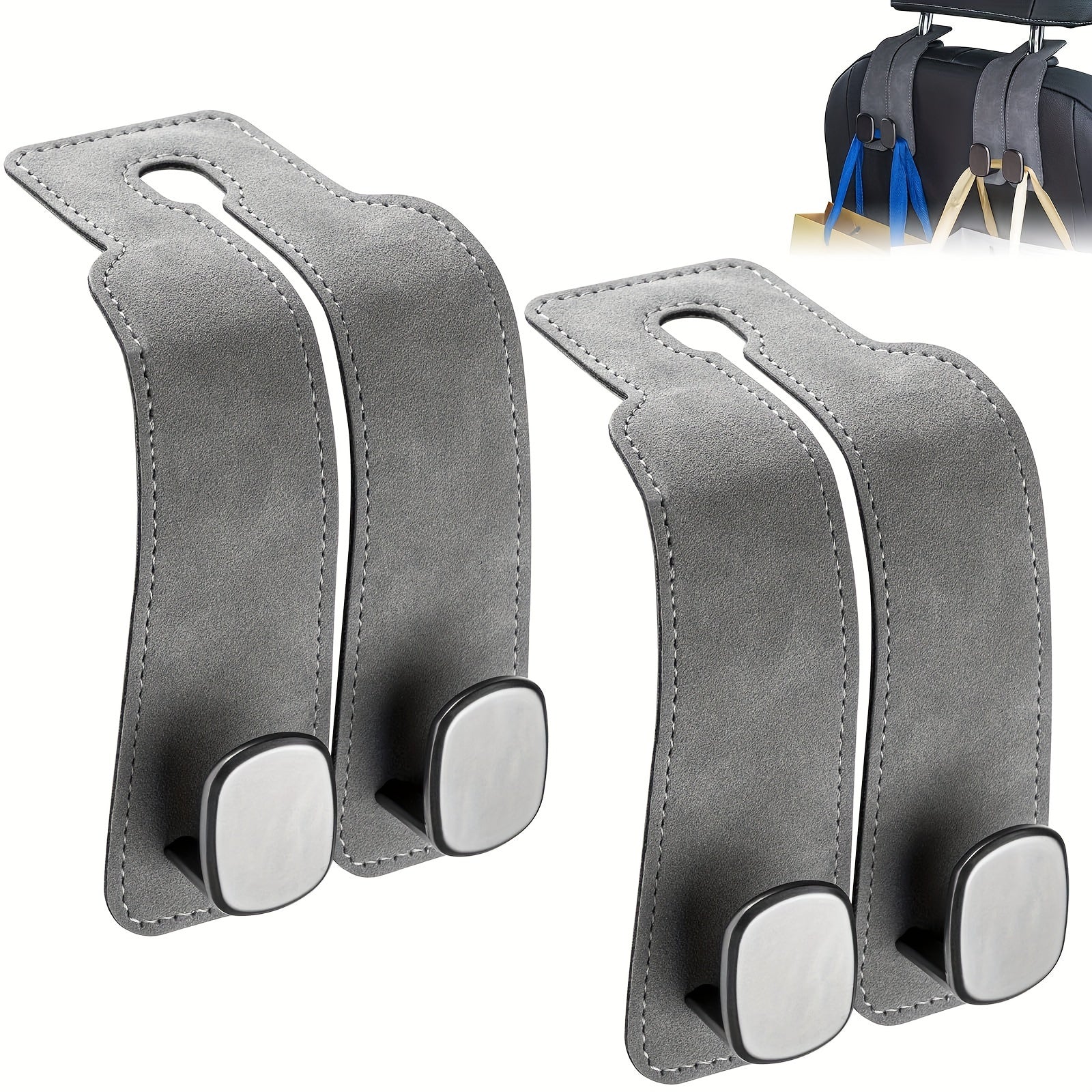 Car Seat Back Hooks Black Red Stitch Synthetic Leather 2 Pack