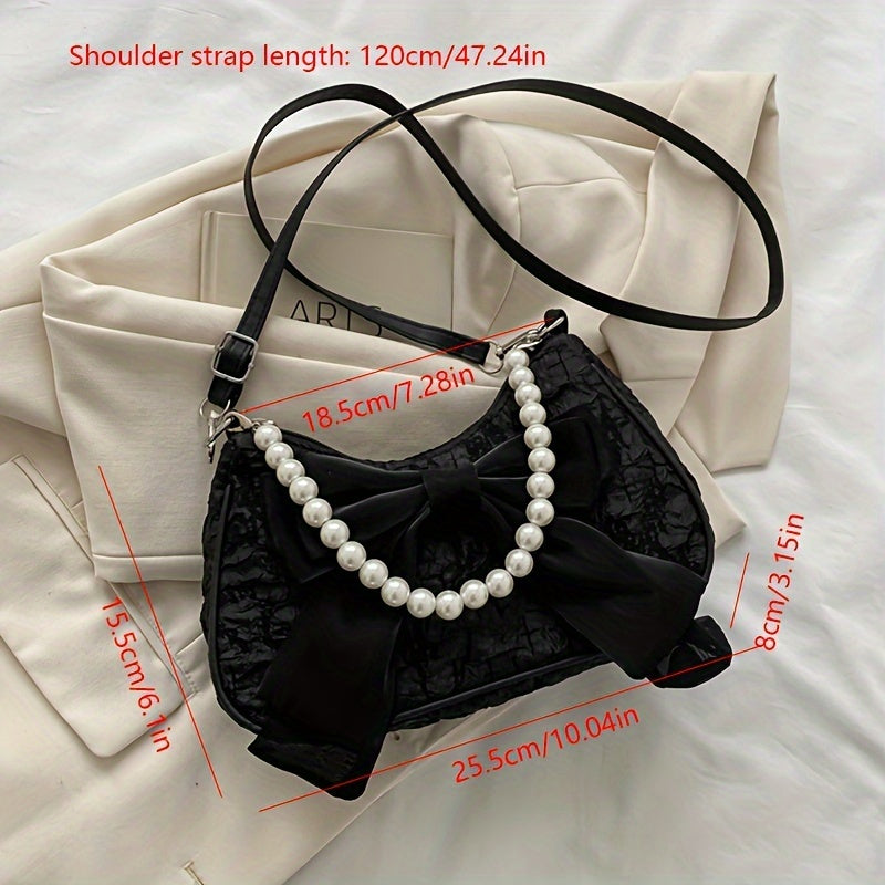 Черная сумка через плечо с жемчужным бантом, застежка-молния, полиэстеровая подкладка, винтажный стиль