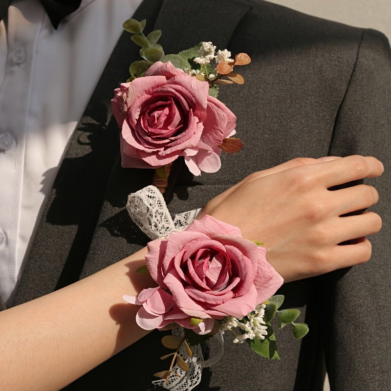 Set of 2 Bohemian Rose Flower Corsages and Wristlets for Weddings