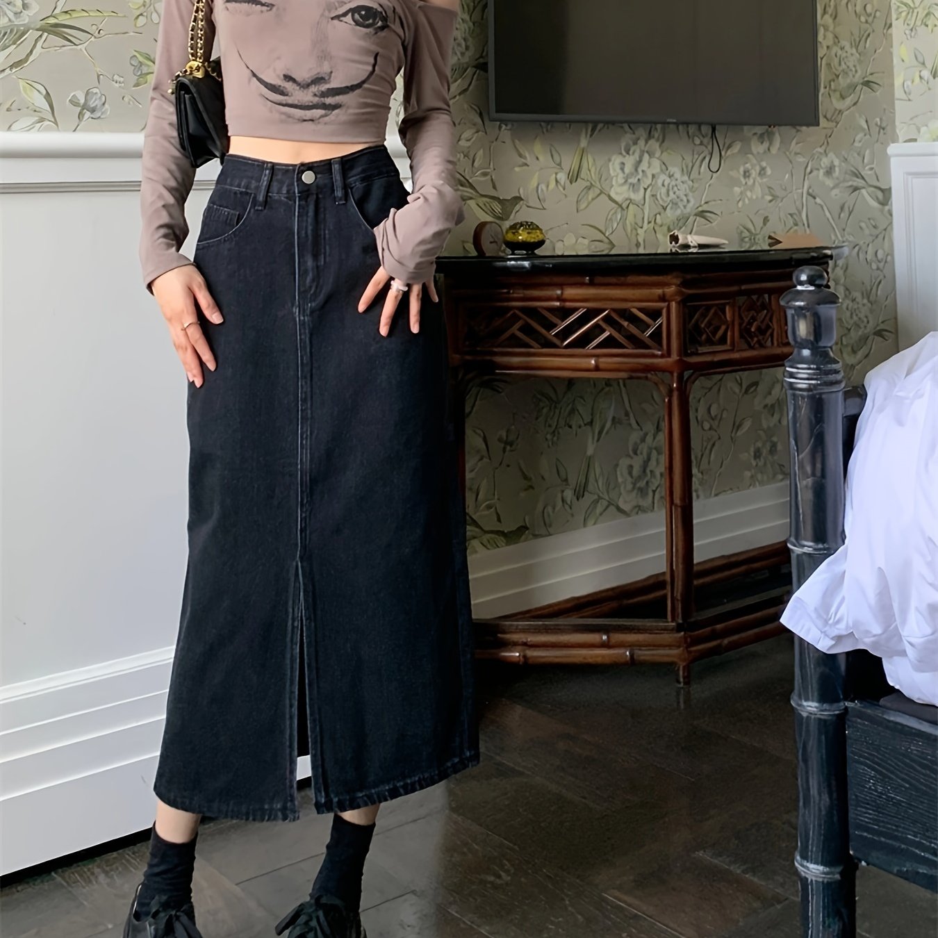 Black Denim Midi Skirt with Front Slit, High Waist, Machine Washable, Summer Style