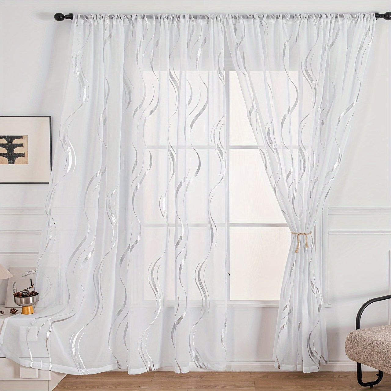 Black and White Water Ripple Pattern Curtain with Silver Hot Stamping for Window Screen