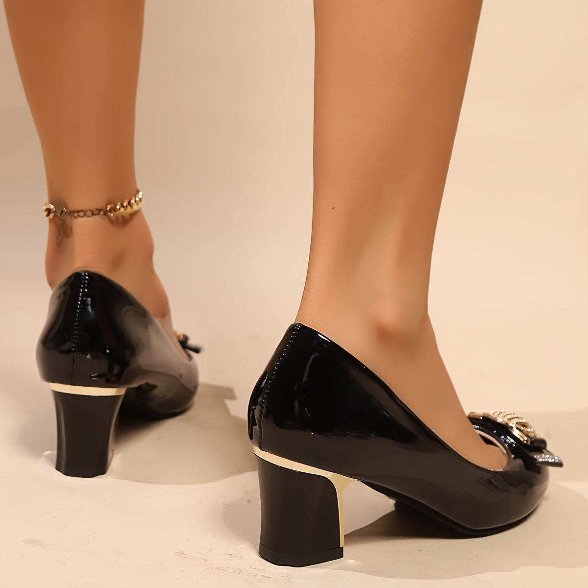 Women's Black Flat Toe Low Top Work Boots with Bow Thick Heels