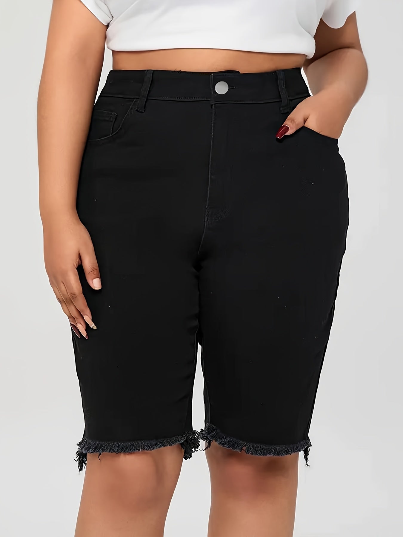 Ayollar uchun katta o'lchamli yuqori belli denim shortlar, qora, yupqa fit, kundalik, zippered