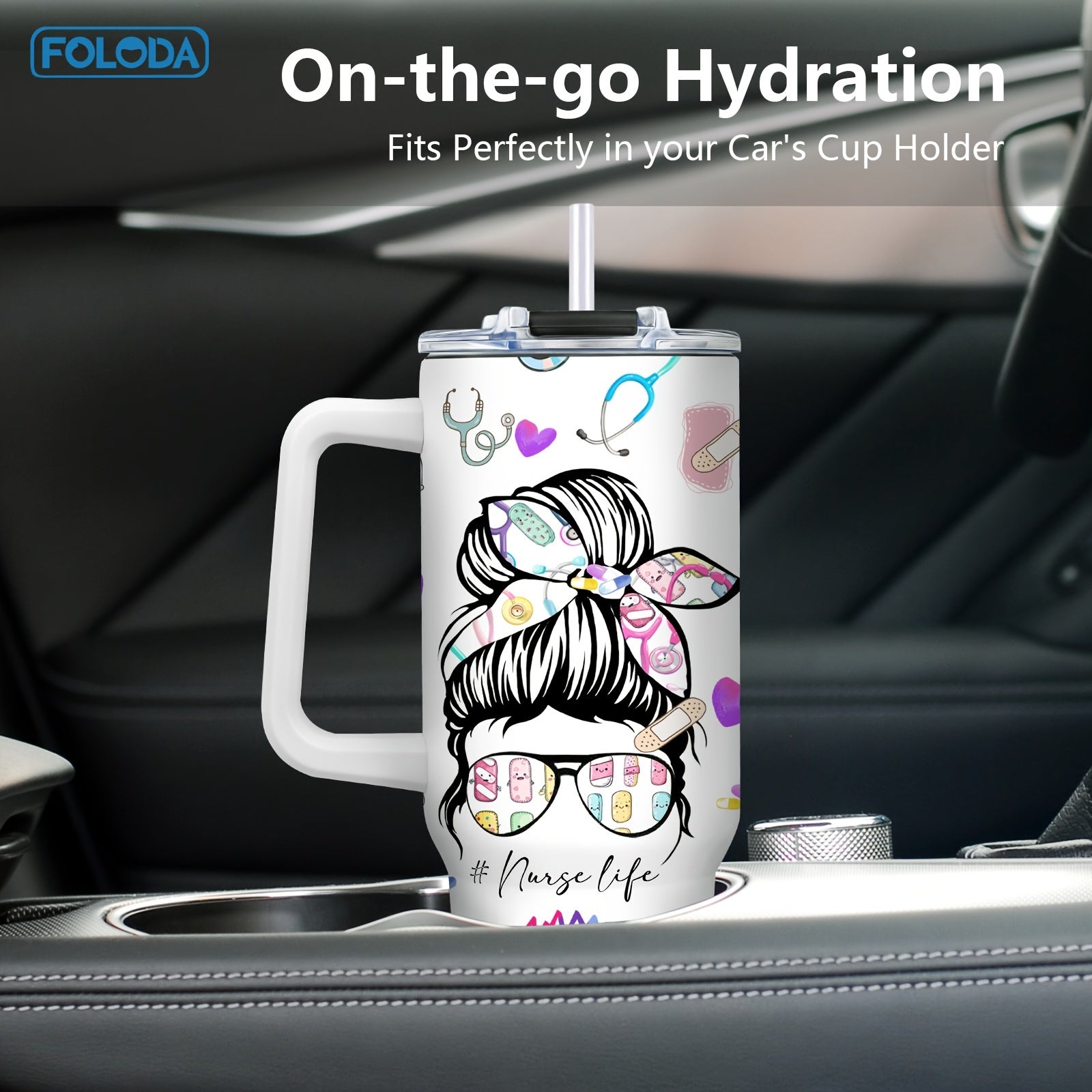 40oz Stainless Steel Travel Mug with Handle Lid Straw Insulated for Nurses and Graduations