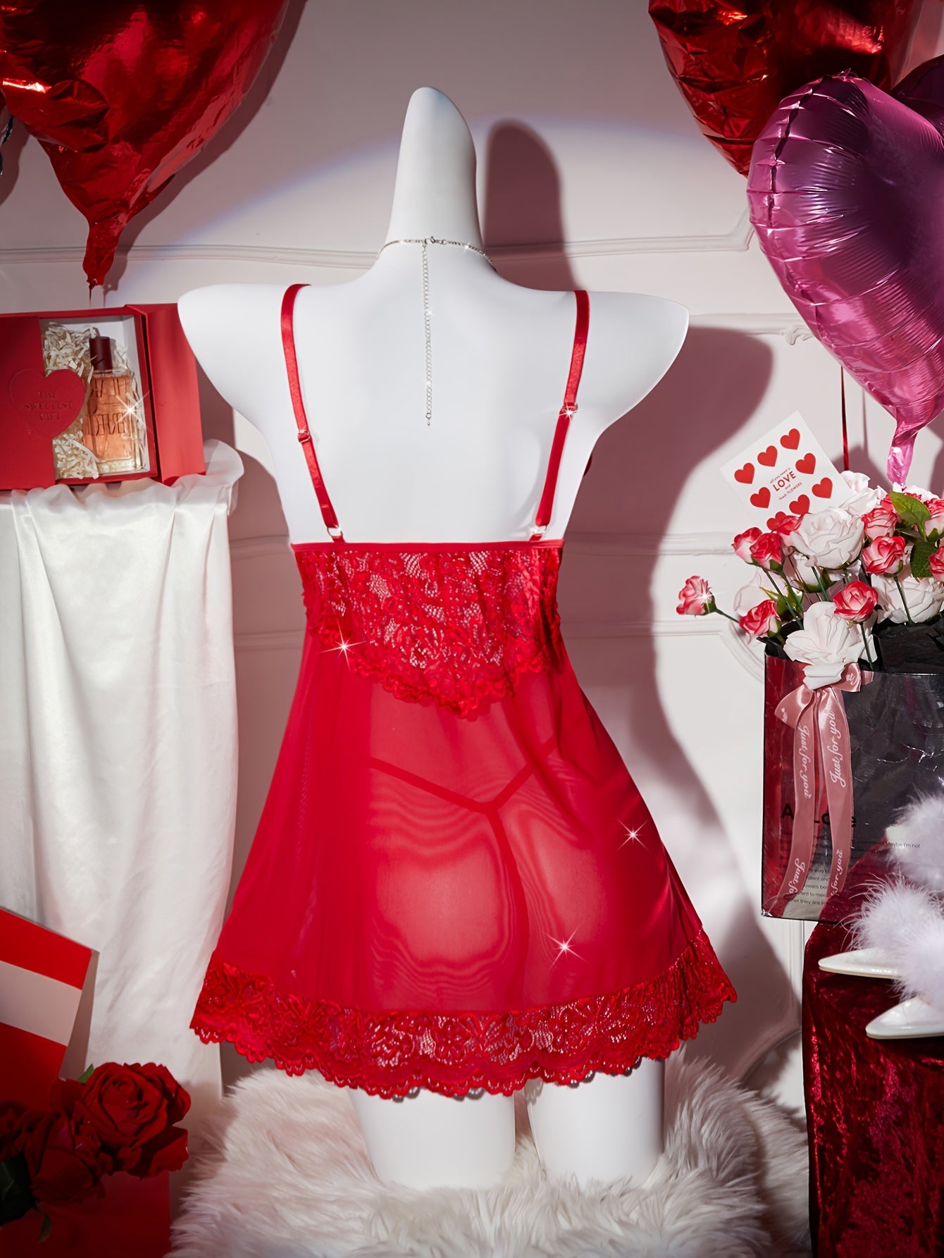 Женский комплект пижамы из однотонного кружева с бантом и полупрозрачным платьем