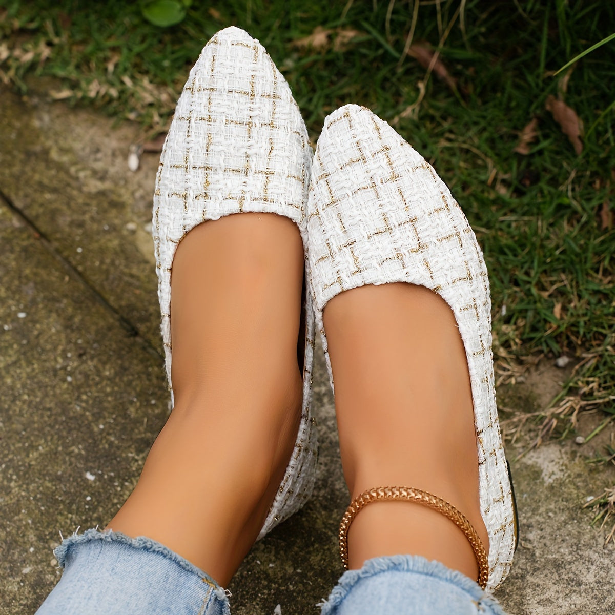 Women's Tweed Pattern Flats Slip-On Point Toe Casual Shoes