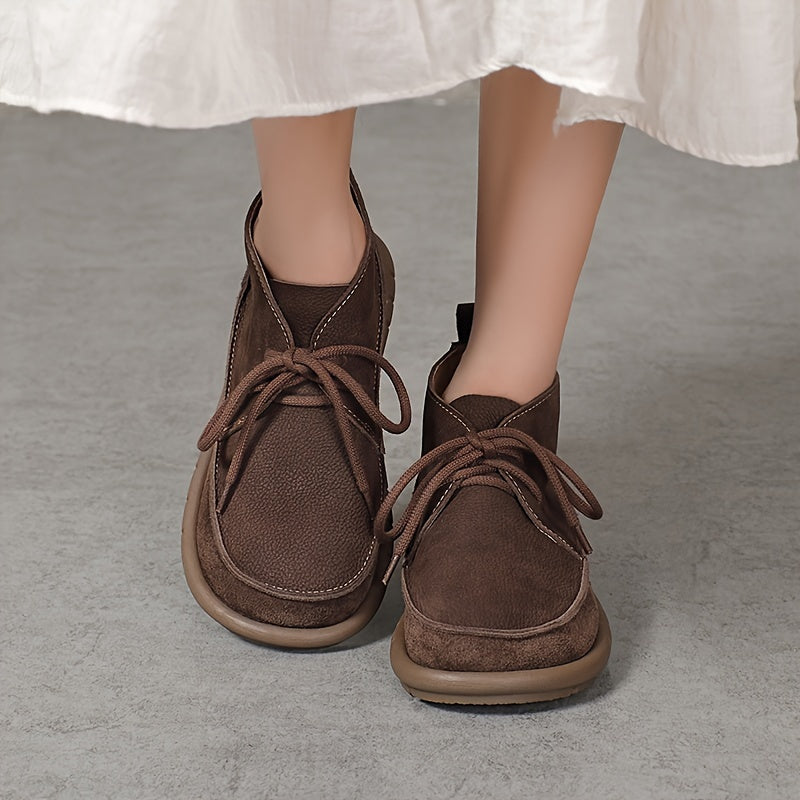 Women Cow Leather Ankle Boots Solid Color Lace-Up Flat Heel All-Season