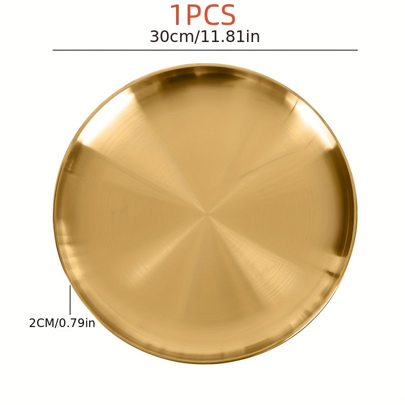 Ko'p maqsadli zanglamas po'latdan yasalgan xizmat plitkasi, nafis oltin qoplama - pizza, shirinliklar, steak va boshqalar uchun mos - bayram yig'ilishlari uchun ajoyib - uy, oshxona yoki restoran uchun dumaloq plastinka - ovqat xizmat qilish uchun xavfsiz