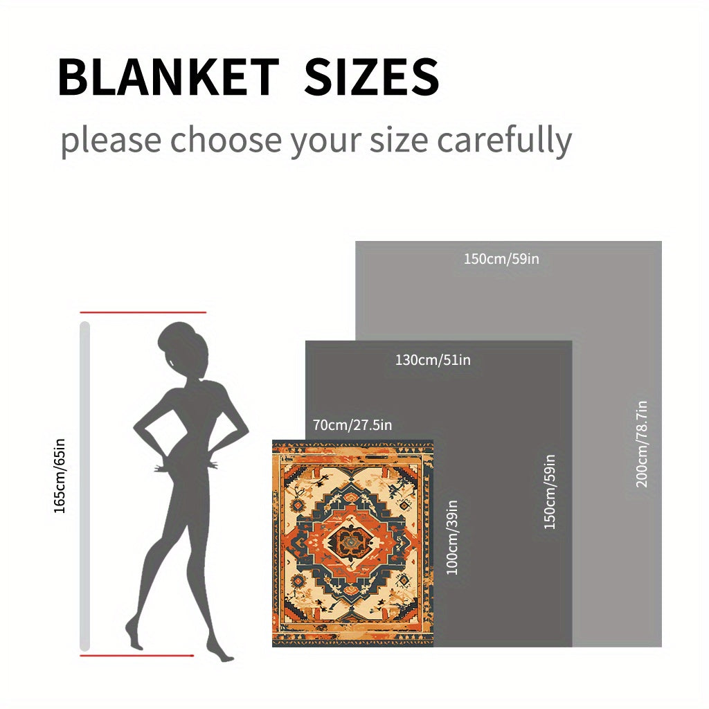 Knitted Polyester Flannel Throw Blanket with Ethnic Carpet Pattern for Sofa and Travel