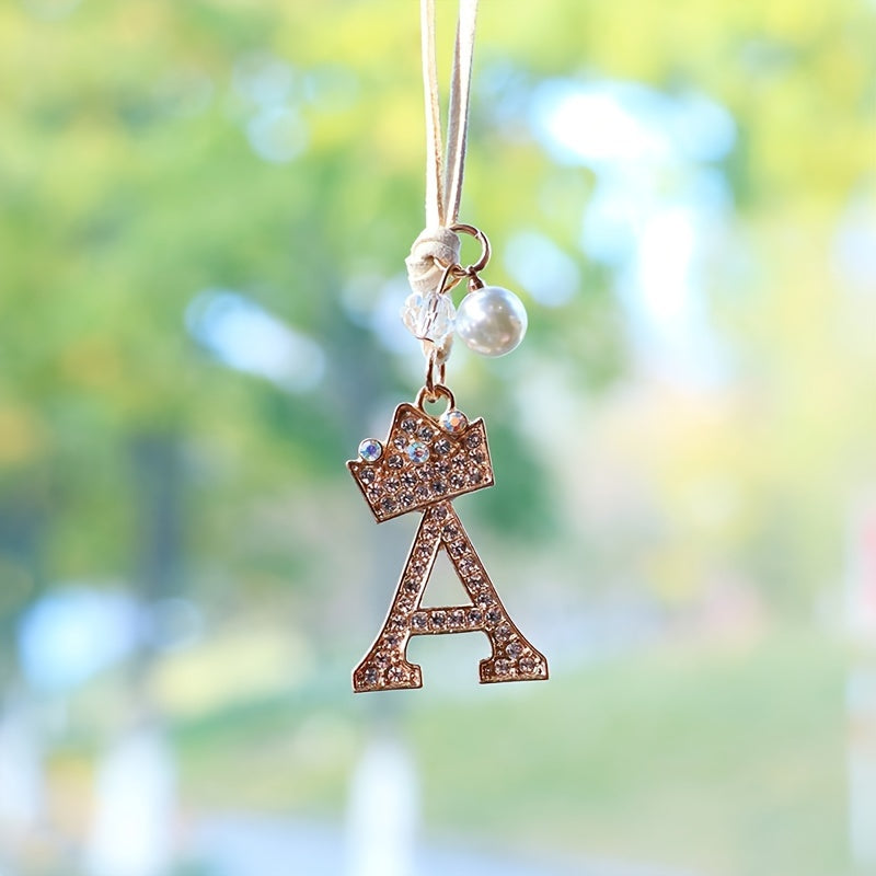Alphabet Car Mirror Charm Set with Sparkling Crown Pendants for Vehicle Decoration