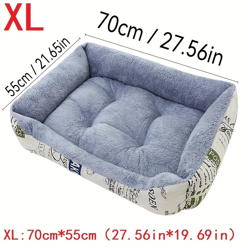 Light Blue Dog Bed with Newspaper Print Border for Small to Large Dogs All-Season Warmth and Comfort