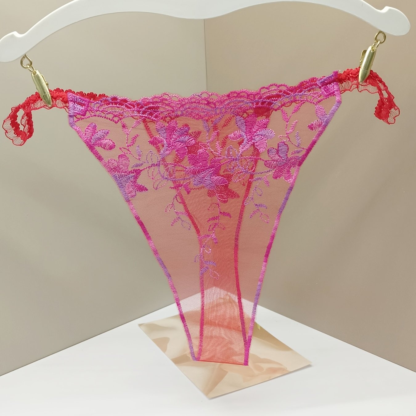 Pink Lace Thong with Floral Embroidery and Red Bow for Women