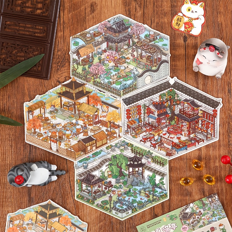 8 листов водонепроницаемых ПЭТ-наклеек с ретро 3D всплывающим новогодним национальным стилем для декорирования чашек, блокнотов, планировщиков, журналов и создания дизайнов.