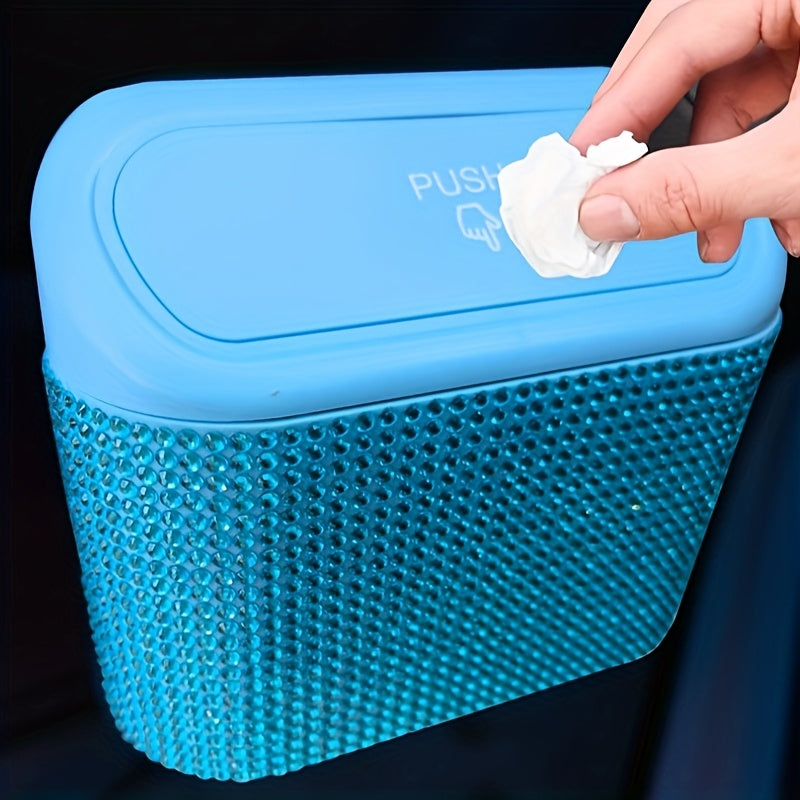 Car Interior Hanging Trash Can with Artificial Rhinestone Inlay Multi-Functional Storage