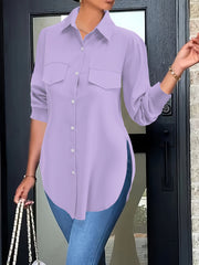Plus Size Woven Polyester Blouse with Curved Hem, Button Front and Collared