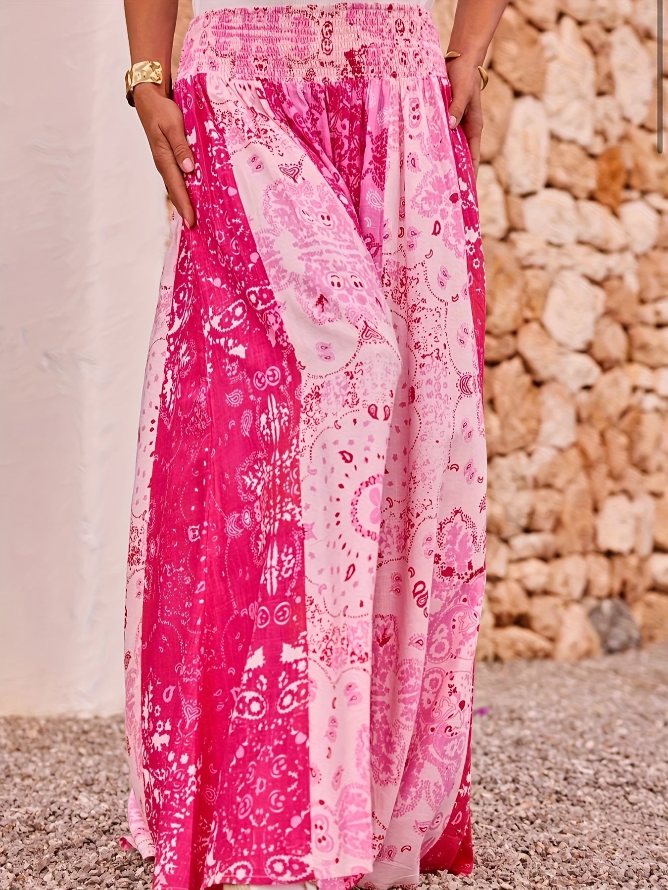 Women's Plus Size Floral Print Wide-Leg Pants with Elastic Waist Blue White Tropical