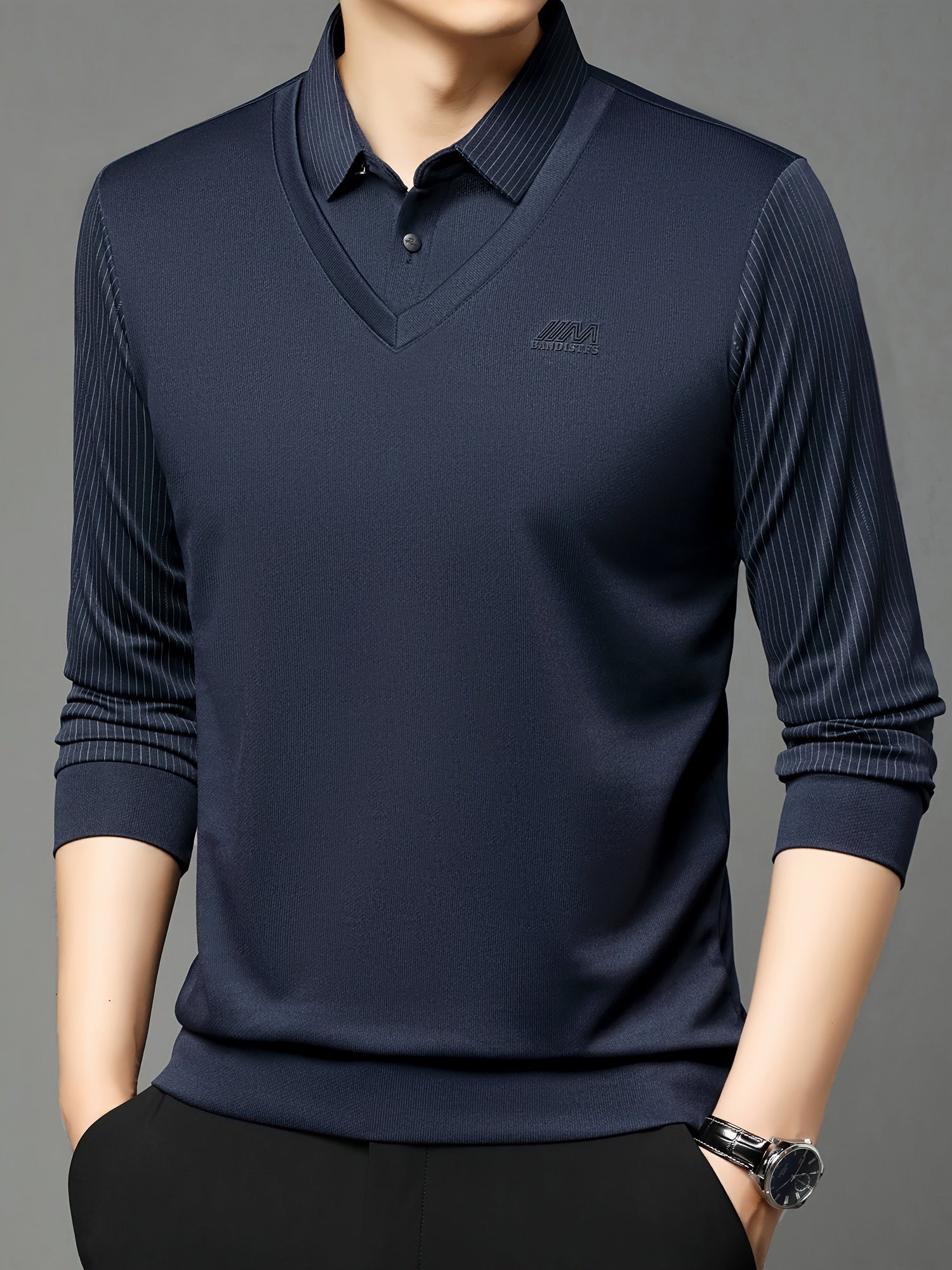 Chiziqli Erkaklar Golf Ko'ylagi, Soxta Ikki Qismli Dizayn, Bahor va Kuz Tashqi Kiymish uchun Uzun Qoltiq Ko'ylak