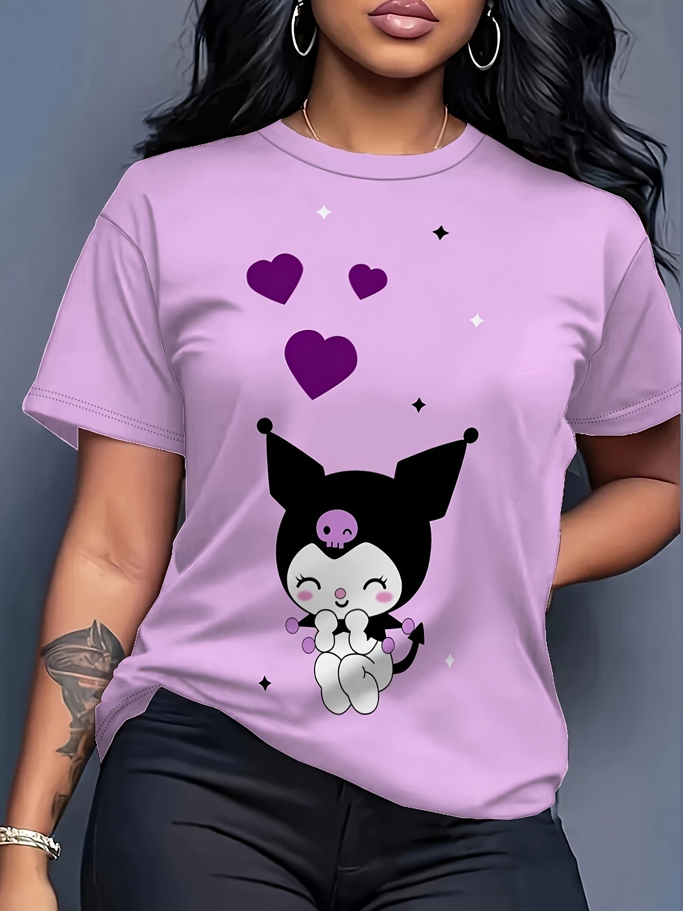 Women's Plus Size Graphic T-Shirt with Hearts and Stars, Short Sleeve, Soft Fabric