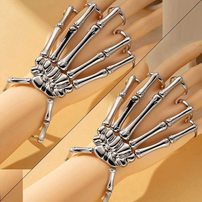 Bir dona zamonaviy punk qafas suyakli qo'l barmoqi moslashuvchan besh barmoqli cho'ziladigan uzuk bilaguzuk, zanjir bilan, gotik va punk uslublarini ifodalaydi.