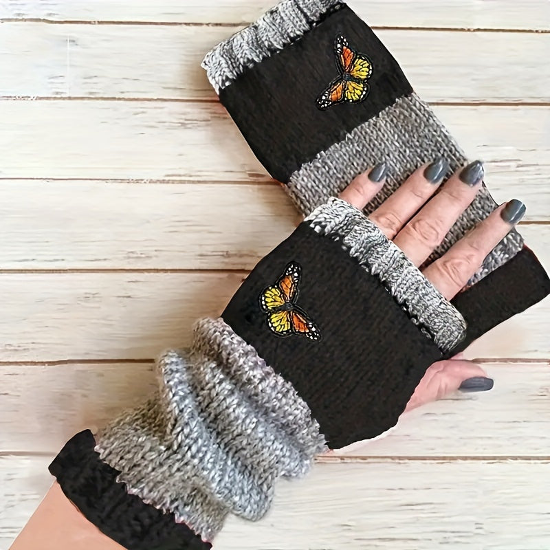 Knit Fingerless Gloves with Butterfly Embroidery Color Block Windproof Warm for Autumn Winter