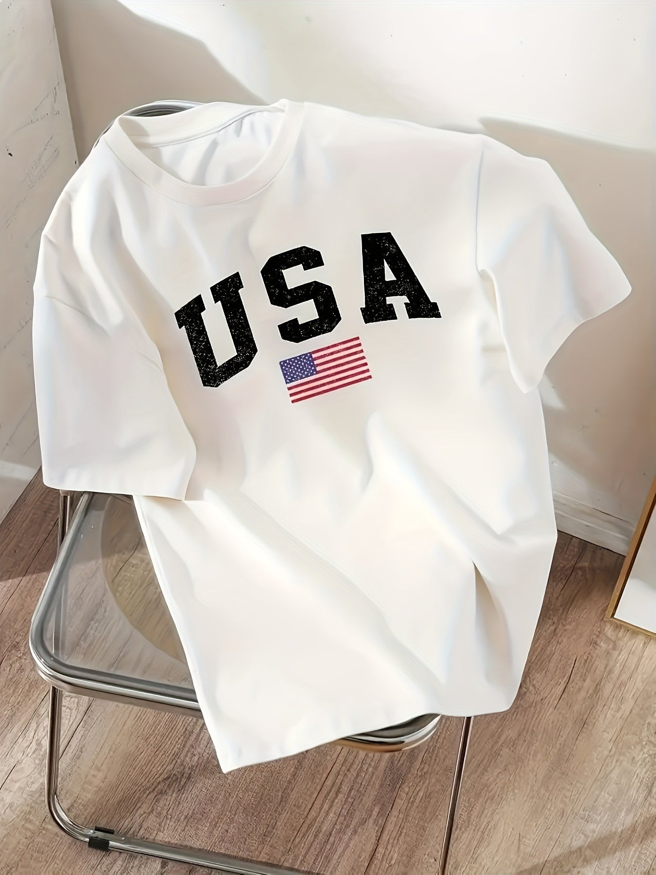 Women's USA Flag Print T-Shirt with Round Neck Short Sleeves Polyester Casual All Seasons