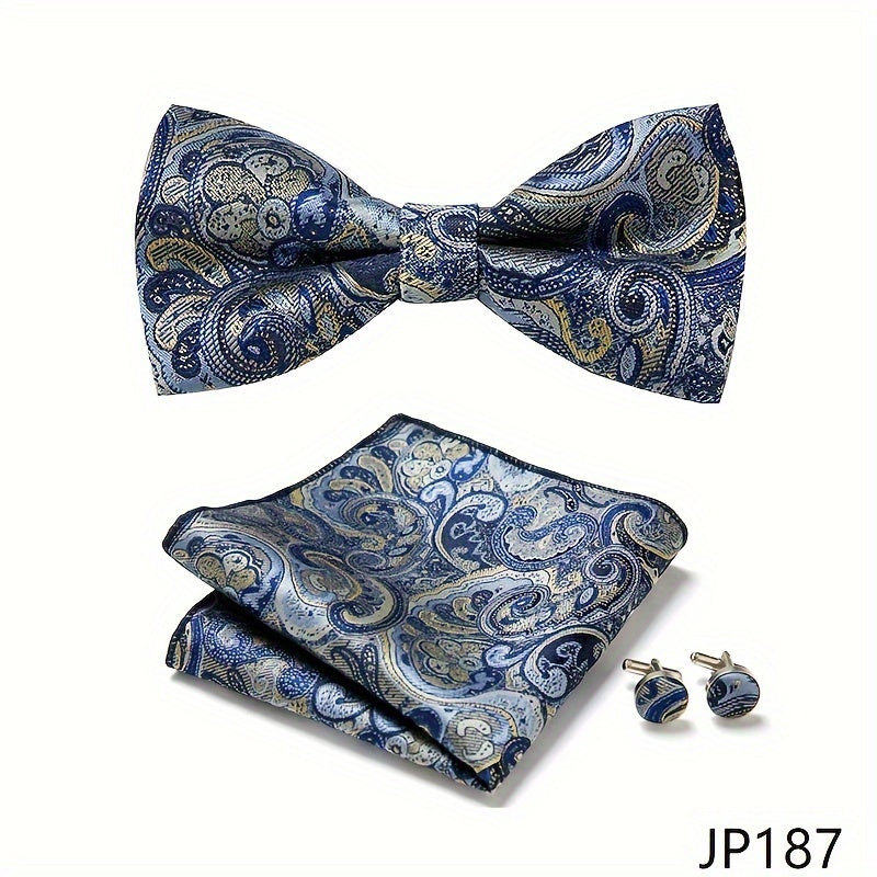 Men's Blue Polyester Tie and Pocket Square Set Floral Pattern for Formal Events