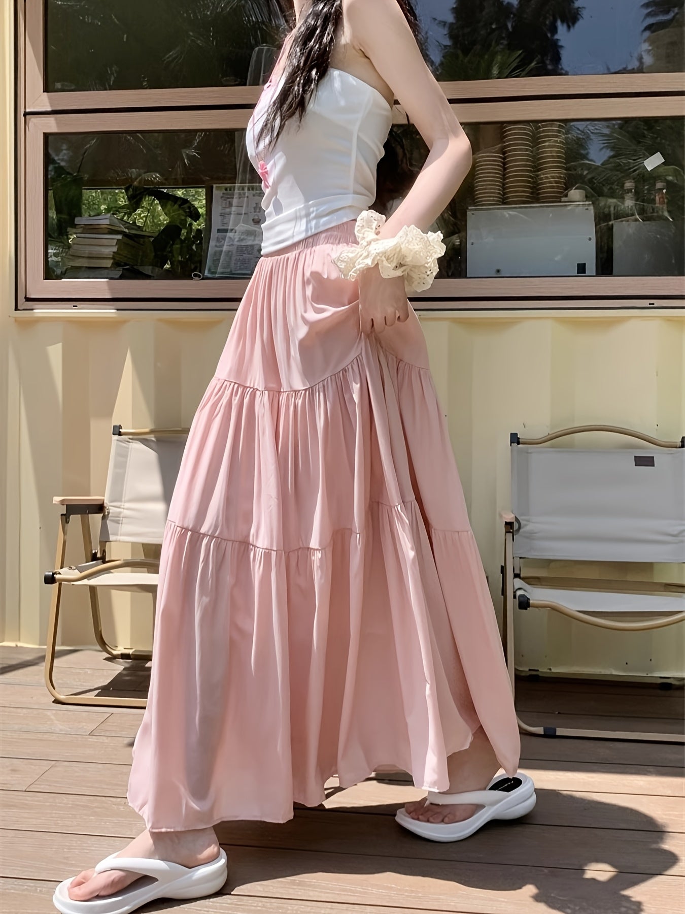 Women's Long Tiered A-Line Skirt Elastic High Waist Flared Hem Solid Polyester for Spring Summer Fall