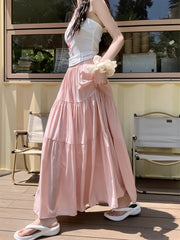 Women's Long Tiered A-Line Skirt Elastic High Waist Flared Hem Solid Polyester for Spring Summer Fall