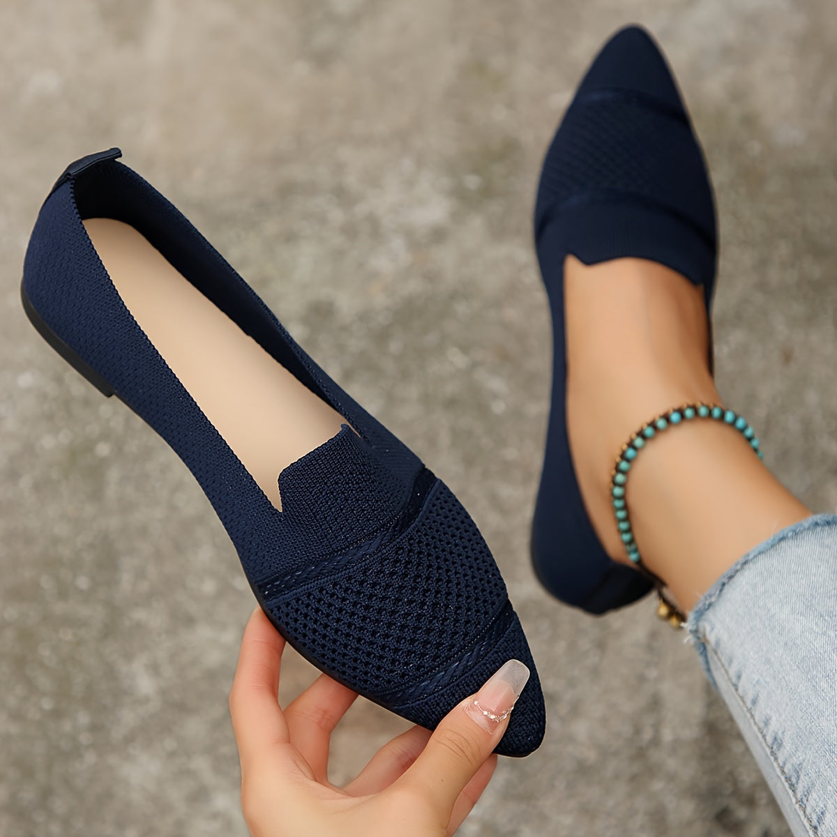 Women's Knit Flat Shoes Breathable Slip-On Comfortable Toe Shoes