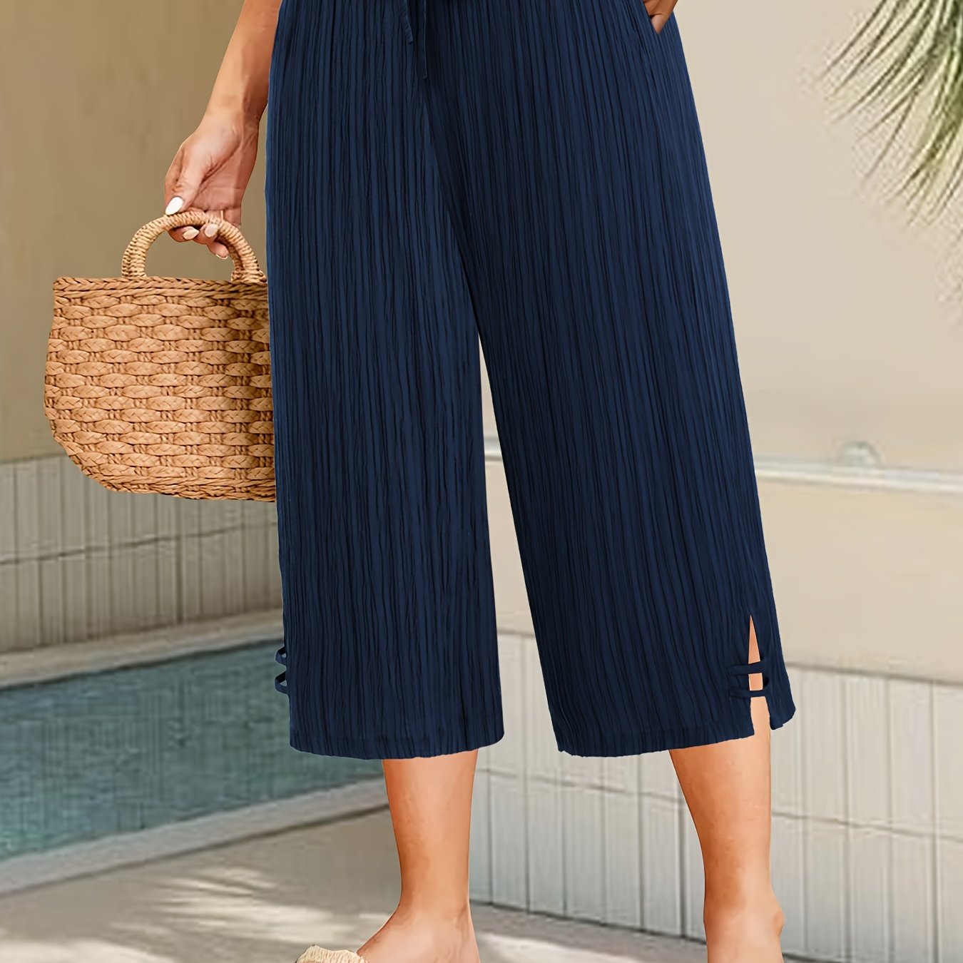 Plus Size Women's Wide Leg Pants with Pleated Stripe and Side Slit