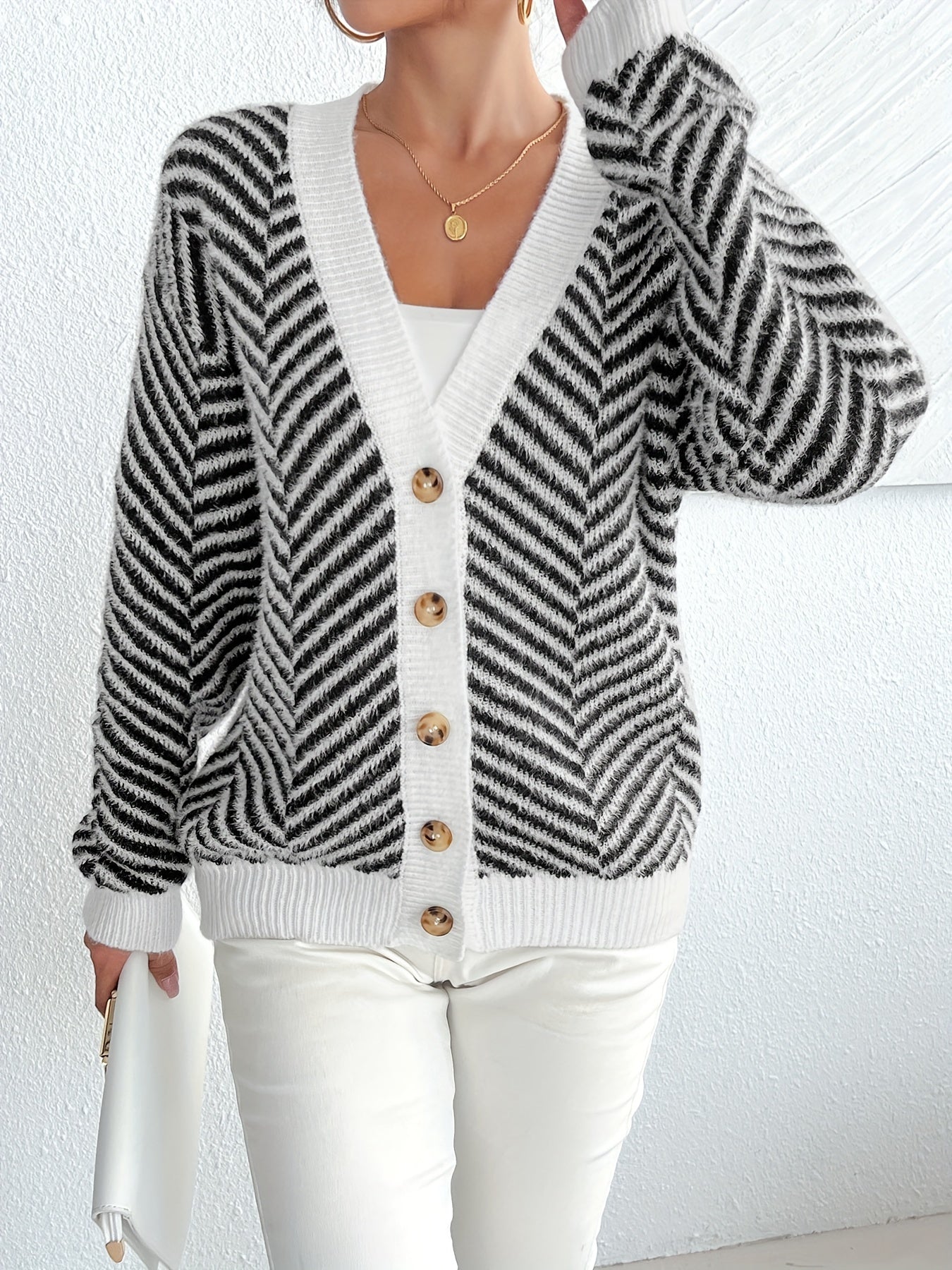 Women's Zebra Stripe Cardigan Black and White Long Sleeve V-Neck Casual Knit