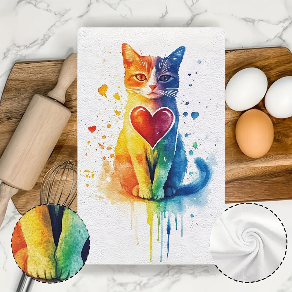 Ultra-Soft Kitchen Towels with Cat and Rainbow Hearts, Absorbent, 40x60 cm