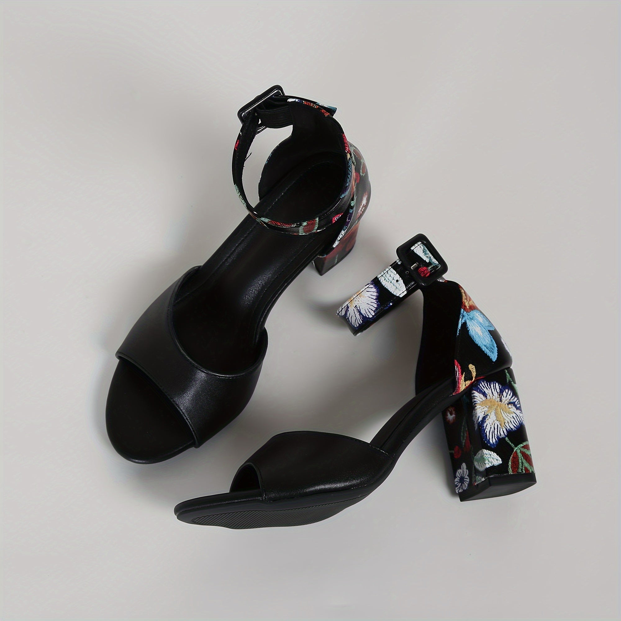 Women's Floral Embroidered Block Heel Pumps Peep Toe Ankle Strap Dress Shoes