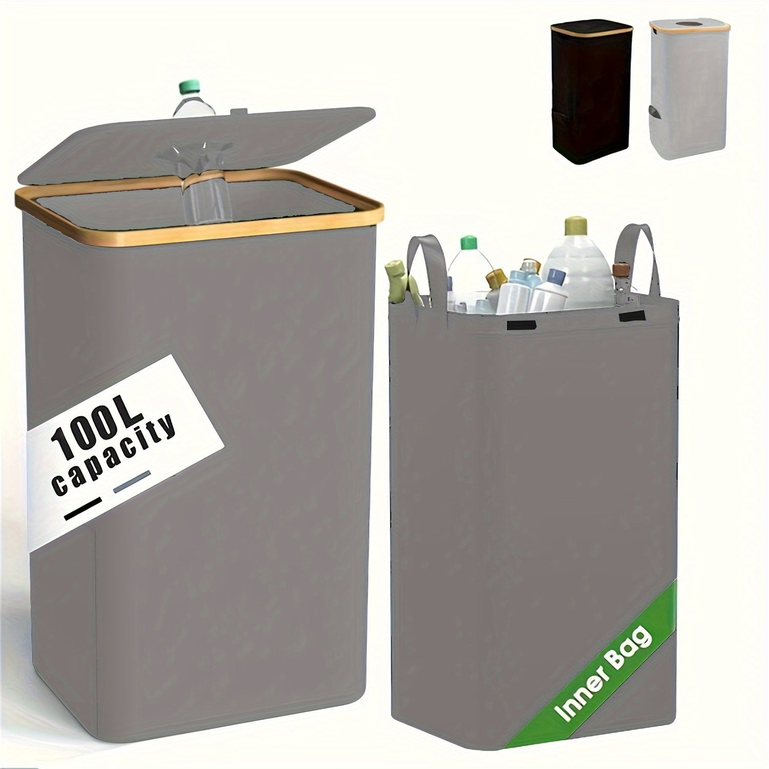 Qora yopiladigan kir yuvish qutisi, qopqog'li, 3 bo'limli, 100L, yuviladigan sumka, yotoqxona va hammom uchun