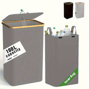 Qora yopiladigan kir yuvish qutisi, qopqog'li, 3 bo'limli, 100L, yuviladigan sumka, yotoqxona va hammom uchun