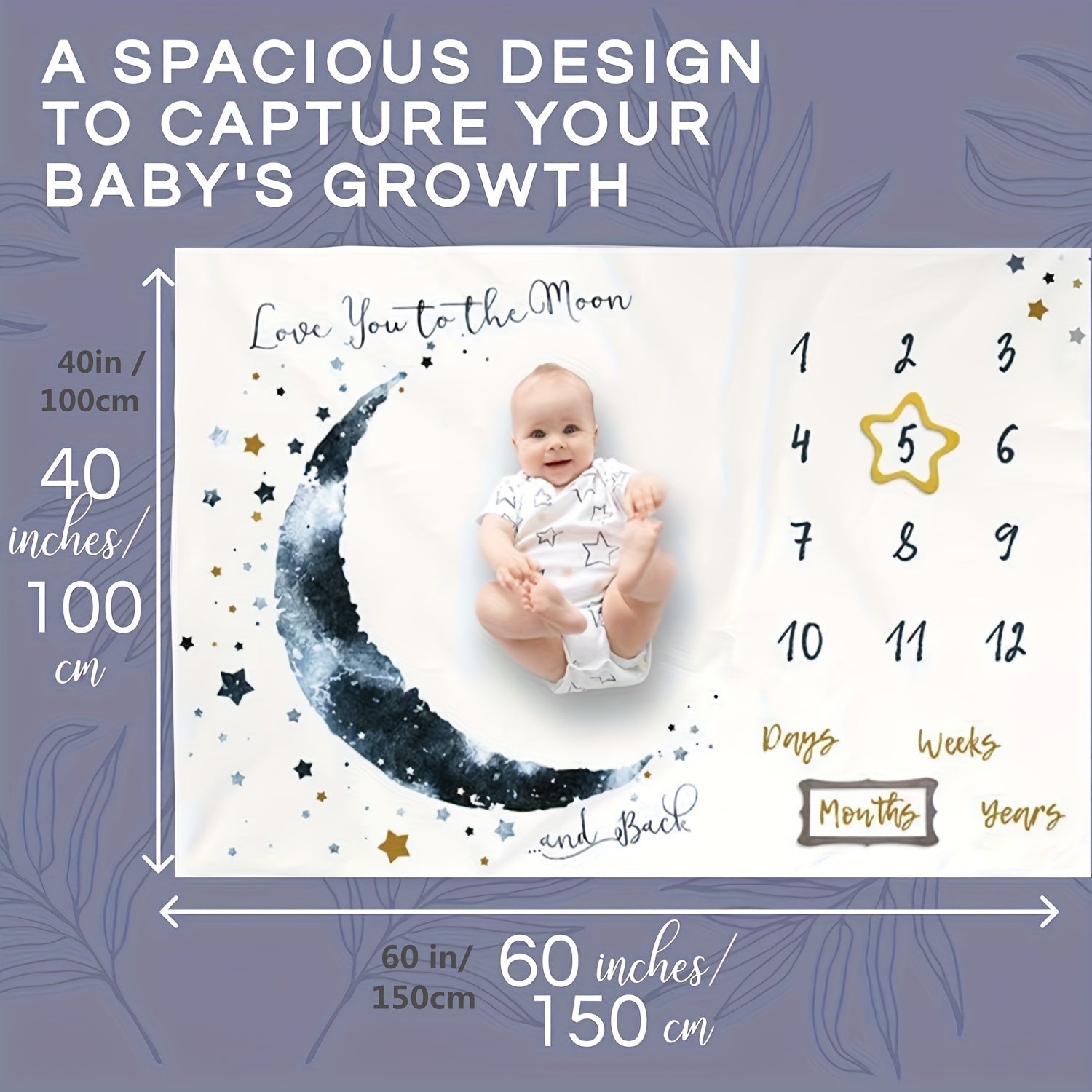 Milestone Blanket for Boys Moon Theme 152cm x 102cm Polyester Baby Growth Tracker