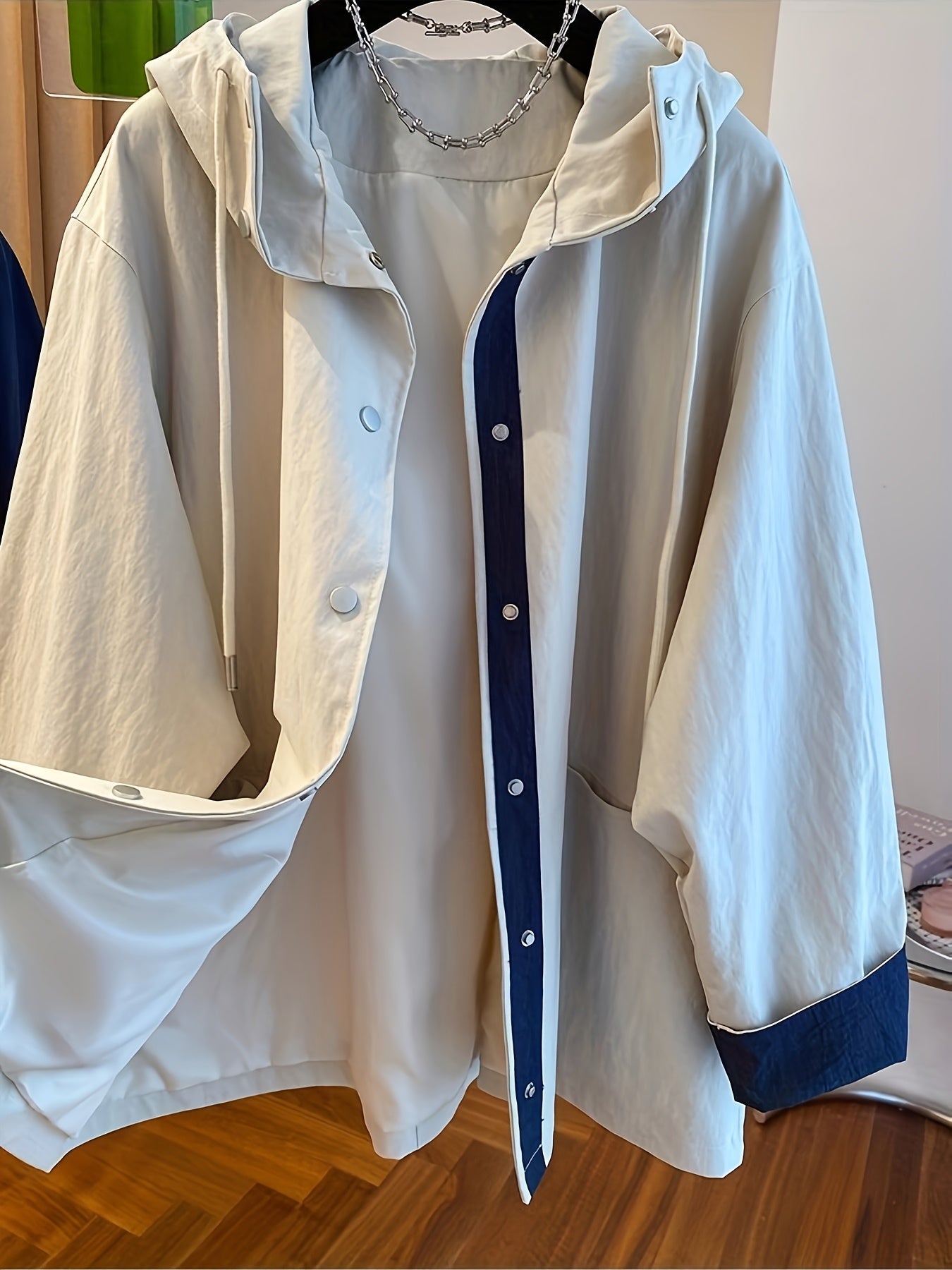 Women's Hooded Windbreaker Jacket Spring Fall Loose Fit Polyester Solid Color