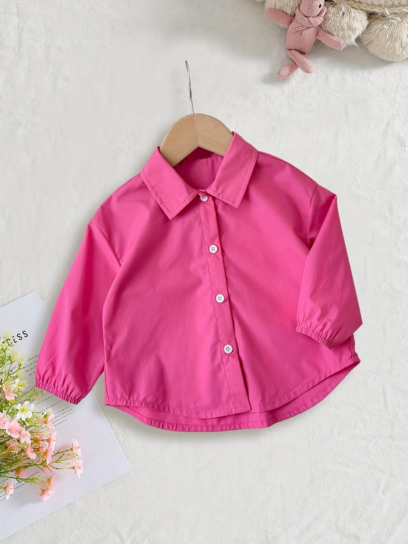 Girls' Pink Button-Up Shirt Jacket for Toddlers and Kids Spring Fall Casual Polyester
