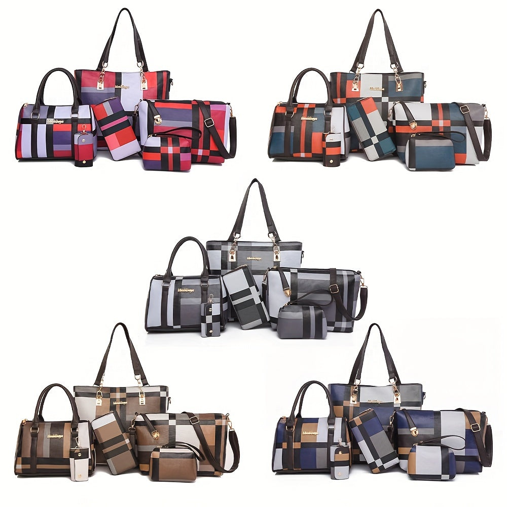 Checkered Faux Leather Handbag Set for Women with Tote Crossbody Shoulder Bags
