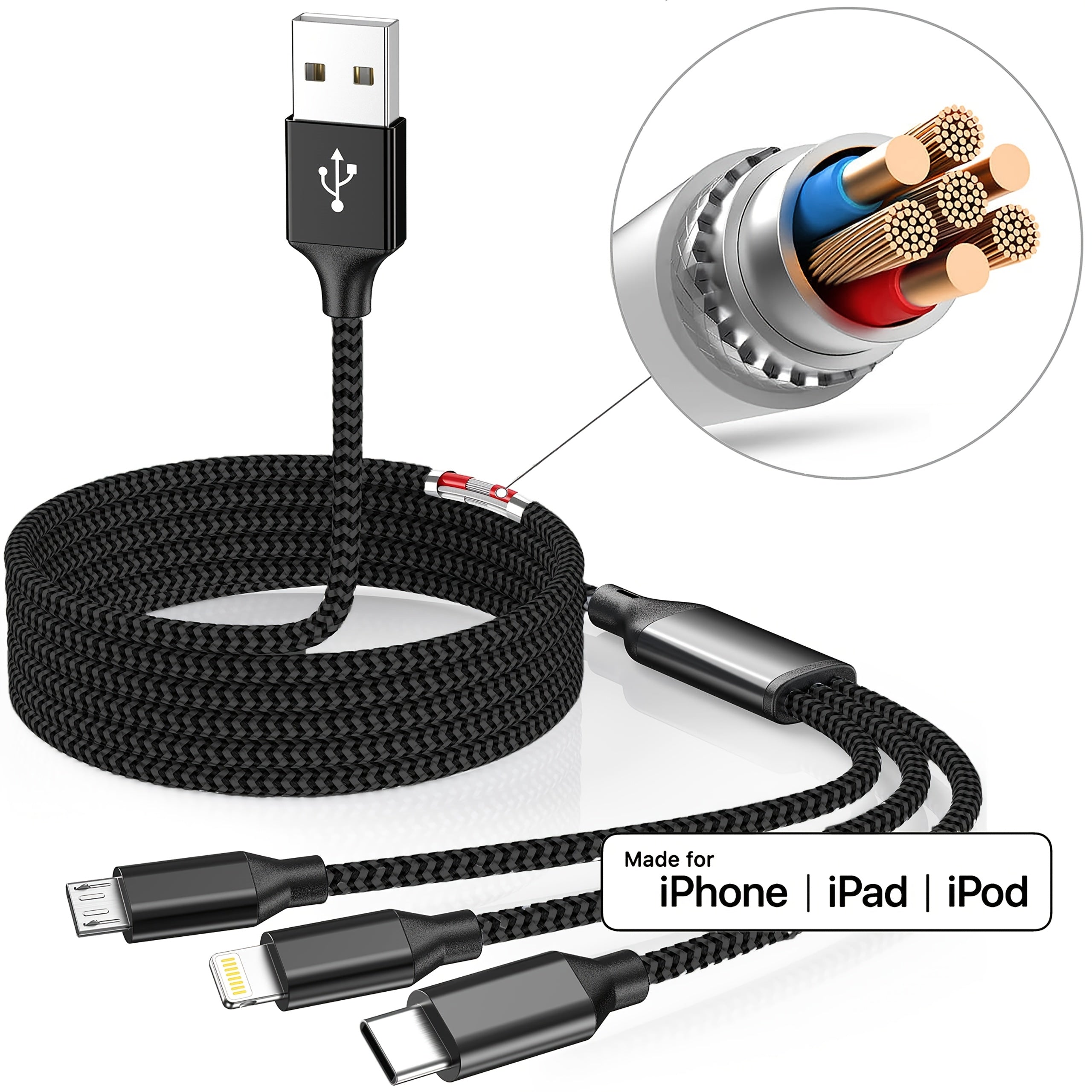 Fast Charging USB Cable for iPhone Samsung Type-C Micro USB Android Devices