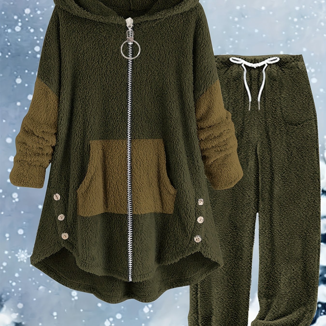 Ayollar uchun ikki qismli to'plam: Katta o'lchamdagi rangli blokli mo'ynali palto va mos keladigan sport shimlari