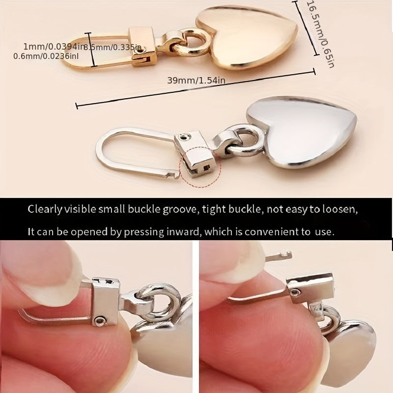 5 LuxeCraft Love Heart Metal Zipper Pulls semi-automatic olib tashlanadigan snap tirqishlari bilan. Qutilar, sumkalar, kurtkalar, kiyimlar, poyabzal va botinkalar uchun o'rnini bosuvchi. Yuqori sifatli snap aksessuarlar.