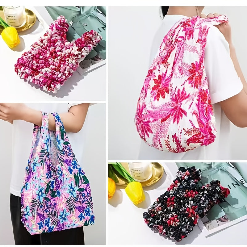 Gul naqshli qayta ishlatiladigan oziq-ovqat to'plami, cho'ziladigan sumka, xarid qilish uchun yelka sumkasi, qisqaradigan saqlash sumkasi, ayollar uchun mukammal sovg'a, xarid qilish va sayohat uchun ideal, ajoyib oshxona tashkilotchisi va aksessuar.