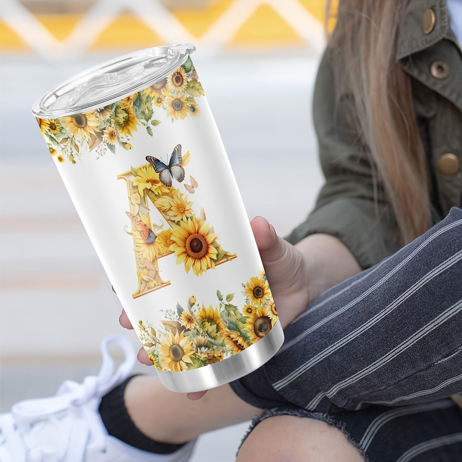 20oz Floral Initials Double-Walled Travel Mug for Women